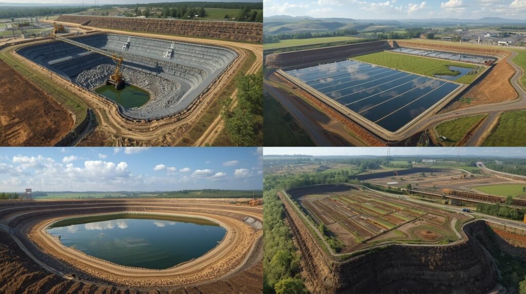 [छवि स्थान: कैप्शन के साथ मोंटाज: लैंडफिल सेल, लाइनड फार्म रिजर्वायर, माइनिंग हीप लीच पैड, और मिट्टी कवर के साथ एक रेमेडिएशन कैप।]