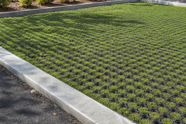Illustrative open-cell grass grid surface with infill for driveway drainage and maintenance review