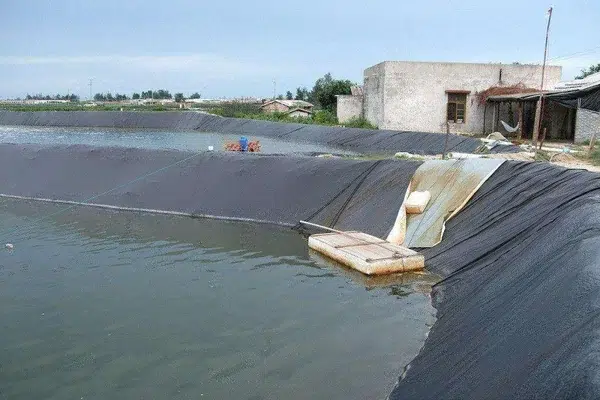 Black liner sheet deployed beside a water basin